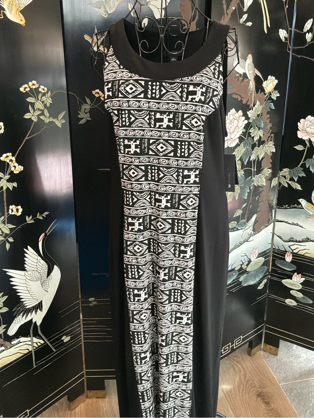 NWT AB Studio Black Geometric Tribal Panel Maxi Dress Size Large